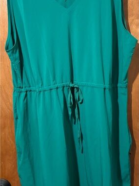 Eddie Bauer Teal V-Neck Sleeveless Drawstring Dress pockets 2x stretchy